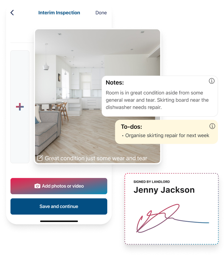 Examples of the features in the myInspections app including photos, notes, to-dos and e-signing